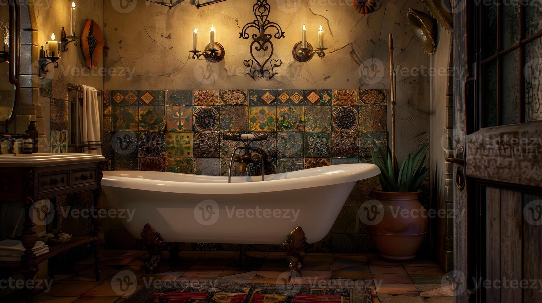 Luxurious Vintage Bathroom with Ornate Mosaic Tile Decor and Claw-foot Tub in Cozy, Serene Setting photo