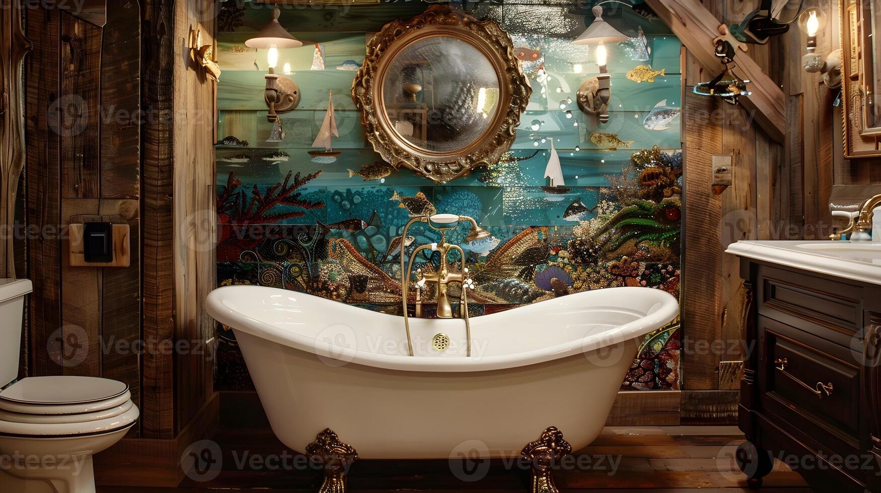 Luxurious Vintage Bathroom with Ornate Decor and Clawfoot Bathtub in Cozy, Dreamlike Ambiance photo