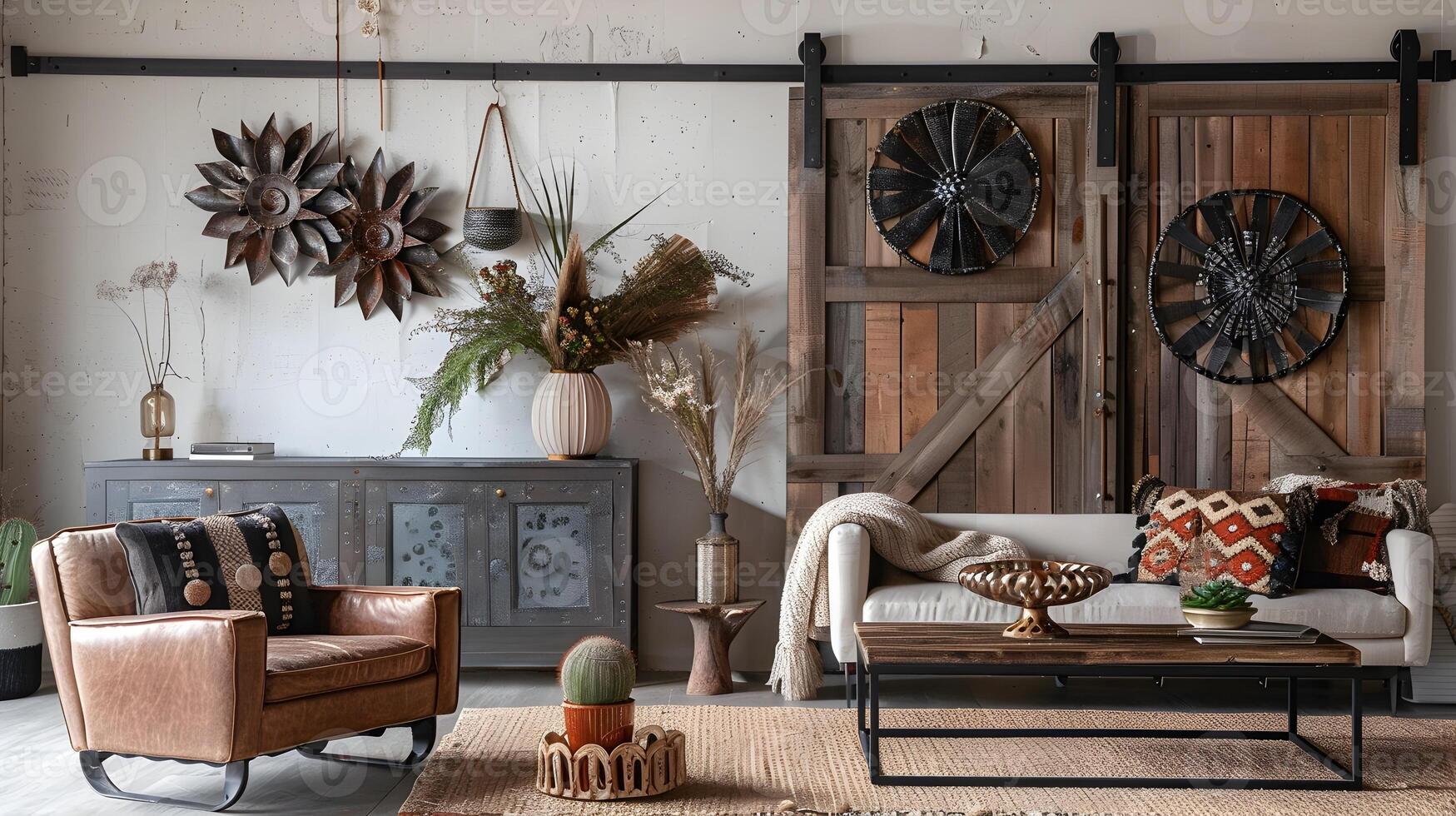 Rustic and Cozy Farmhouse-Style Living Room with Vintage and Industrial Accents photo