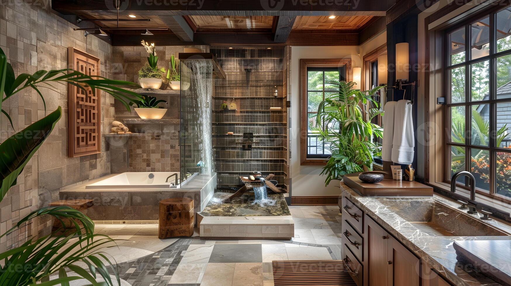 Luxurious Tropical Bathroom Oasis with Natural Stone, Wood, and Lush Greenery photo
