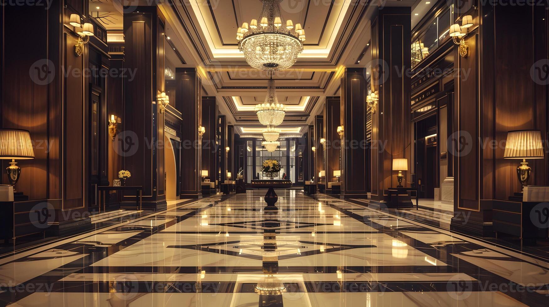 Luxurious and Ornate Marble Hallway in a Prestigious Palace or Mansion with Glittering Chandeliers and Symmetrical Patterns photo