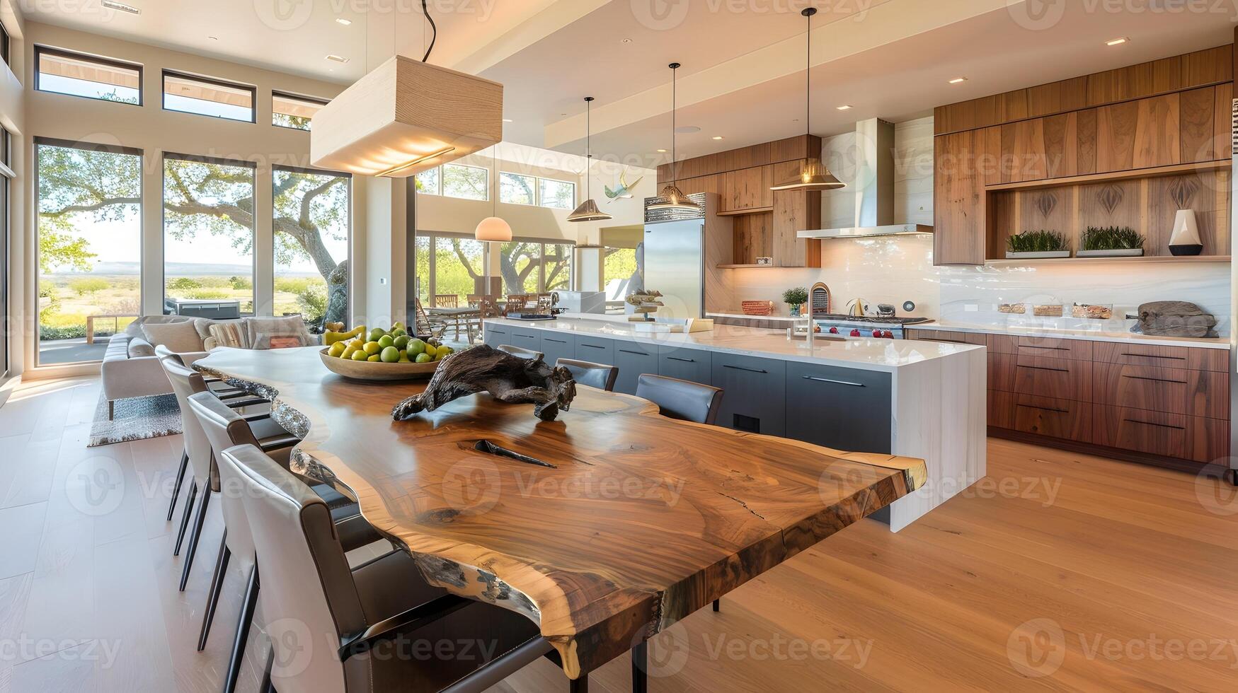 Luxurious Modern Kitchen with Expansive Wooden Dining Table and Integrated Cooking Island photo