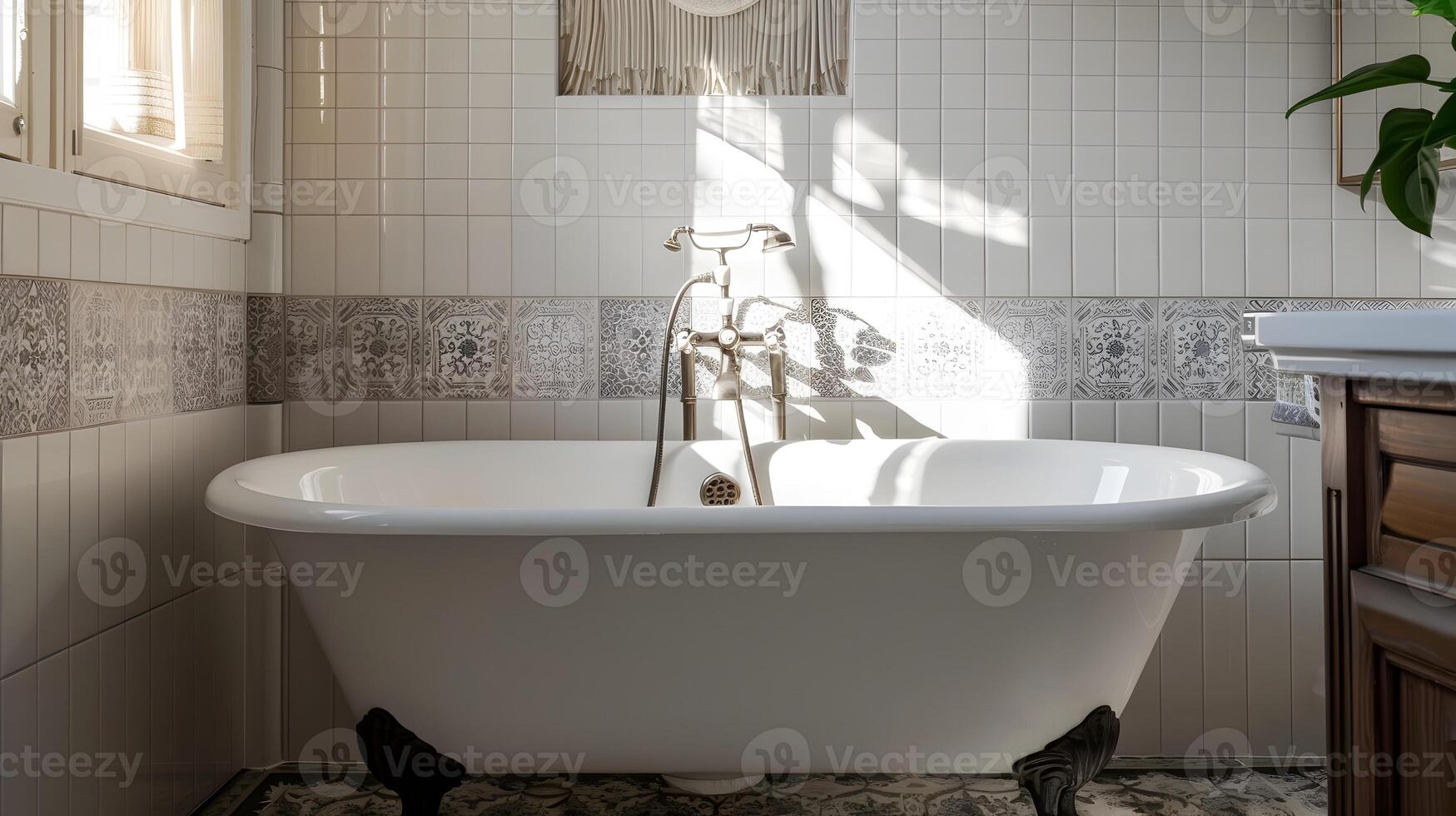 Luxurious Vintage-Inspired Bathroom with Clawfoot Bathtub, Tiled Walls, and Natural Lighting photo