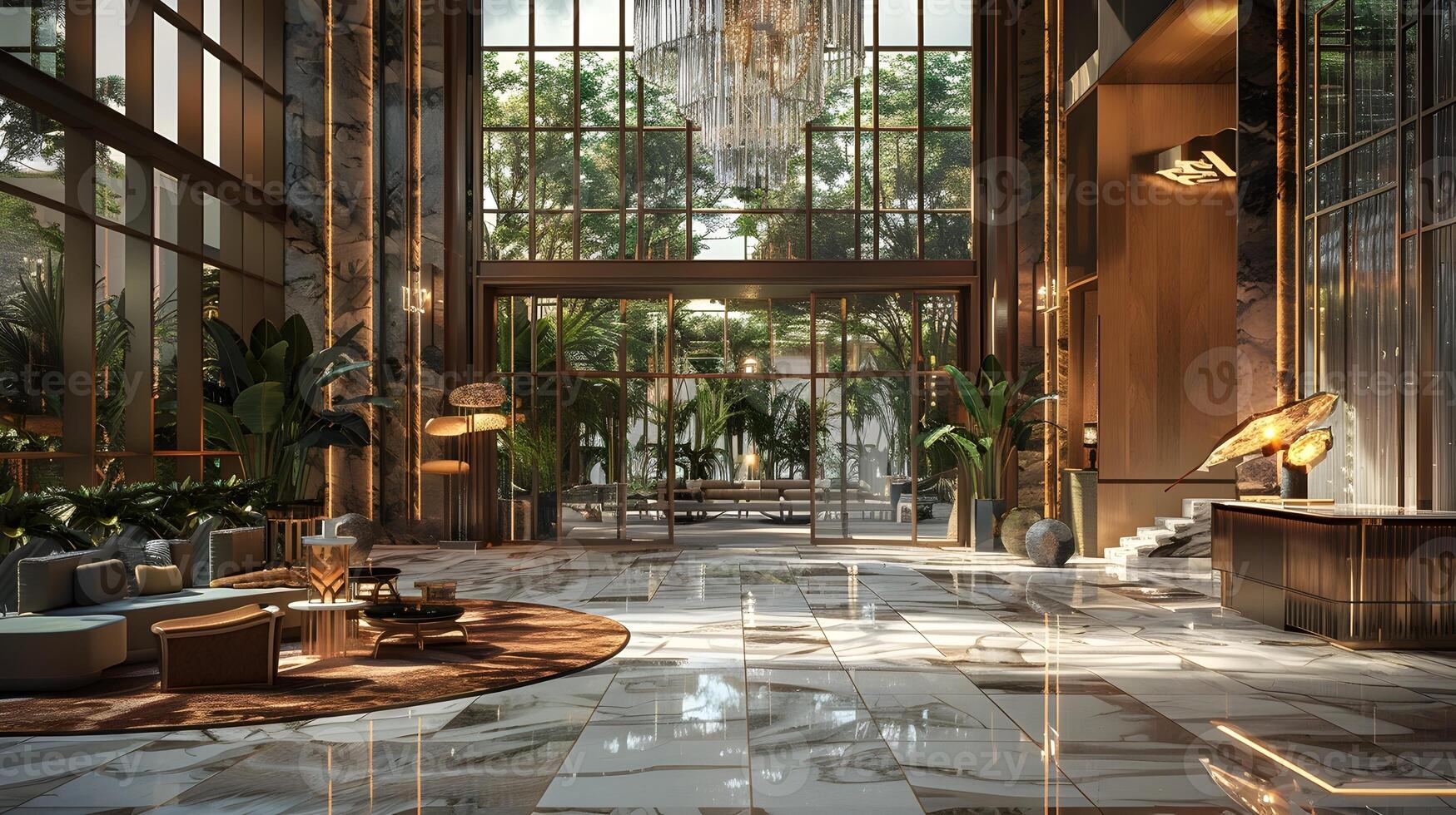 Luxurious and Opulent Hotel Lobby with Stunning Marble Floors, Elegant Chandelier, and Lush Greenery photo