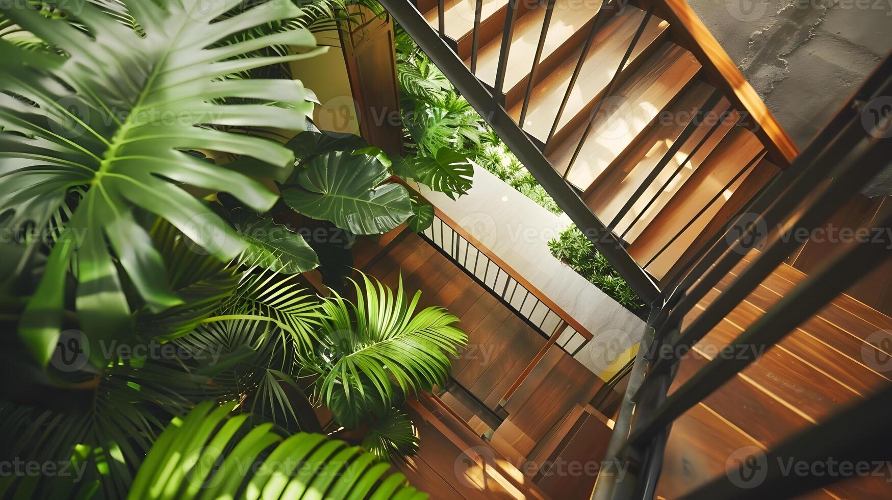 lozano interior tropical jardín oasis con de madera escalera y barandilla en acogedor, aislado santuario foto