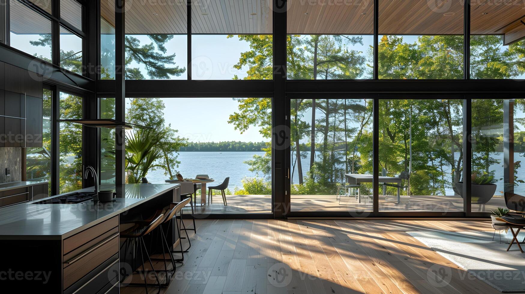Expansive Glass-Walled Cabin Overlooking Idyllic Lake and Lush Forestry photo