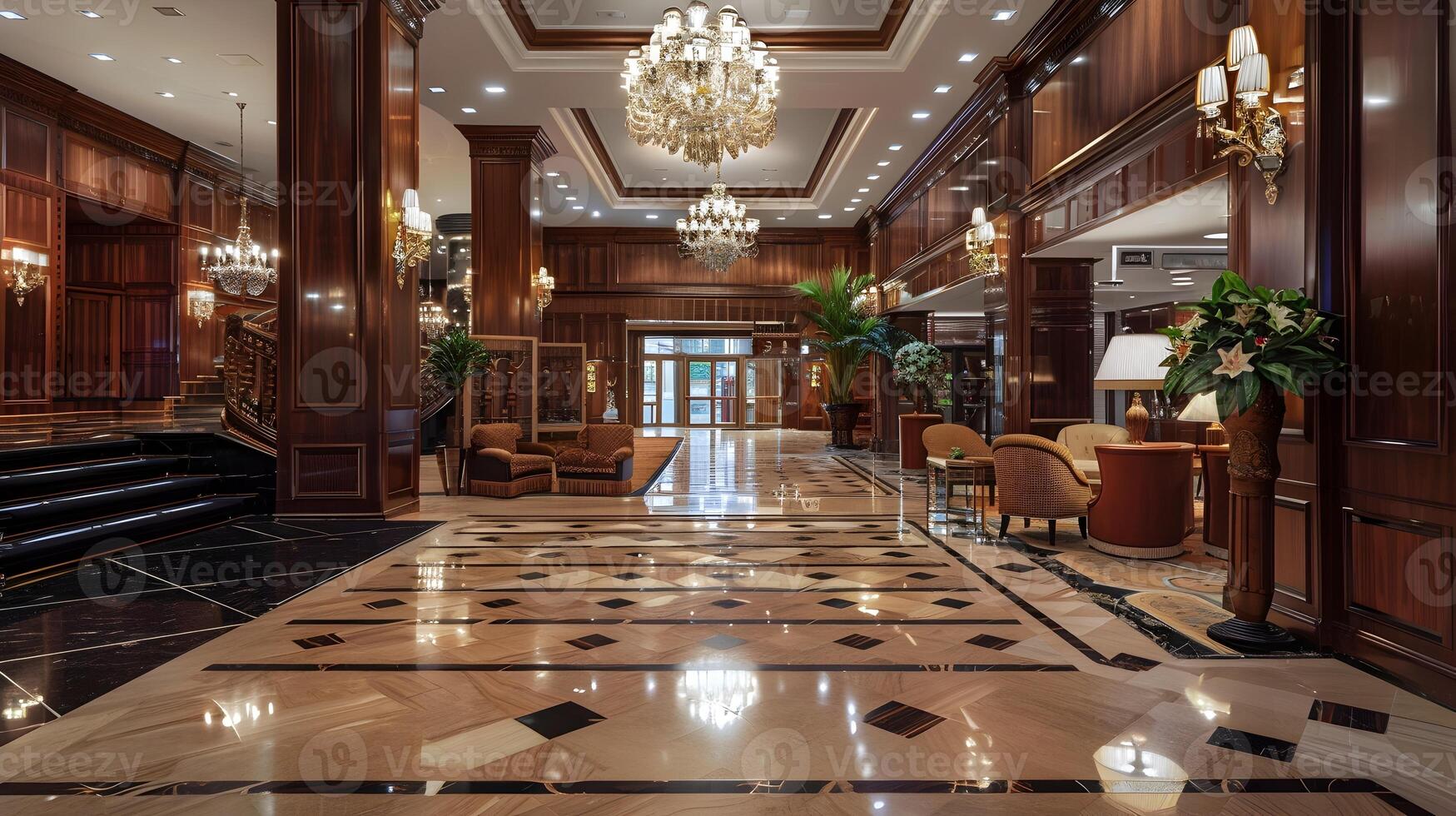 grandioso vestíbulo de un prestigioso lujo hotel con florido arquitectónico detalles y prodigar decoración foto