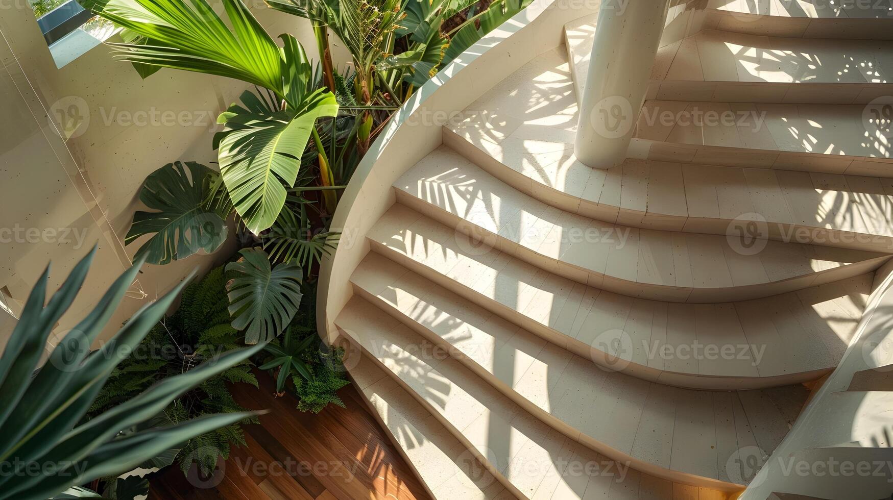 Elegant Spiral Staircase Surrounded by Lush Tropical Foliage in a Modern Architectural Interior photo
