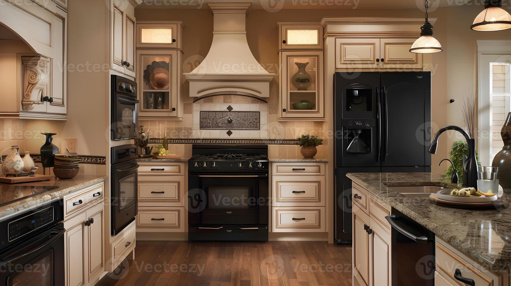 Elegant and Functional Modern Kitchen with Premium Appliances and Marble Countertops in Warm,Inviting Atmosphere photo