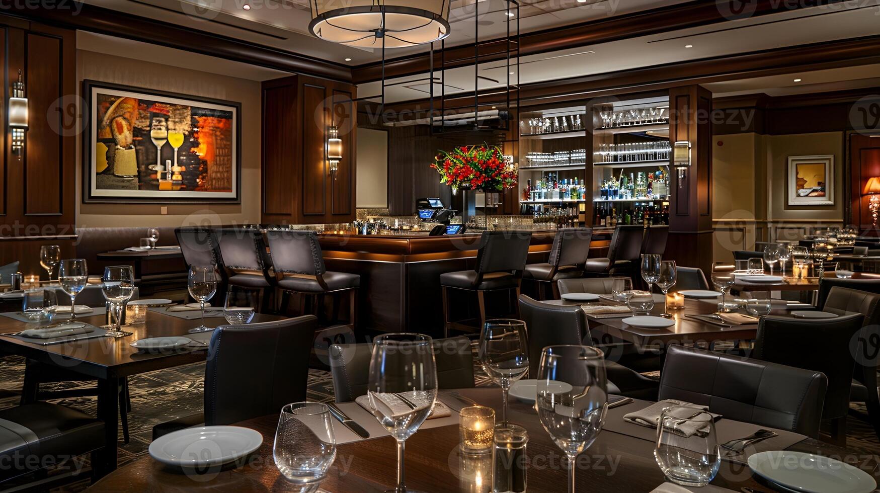 Exquisite Bar and Dining Atmosphere in Elegant Restaurant Interior photo