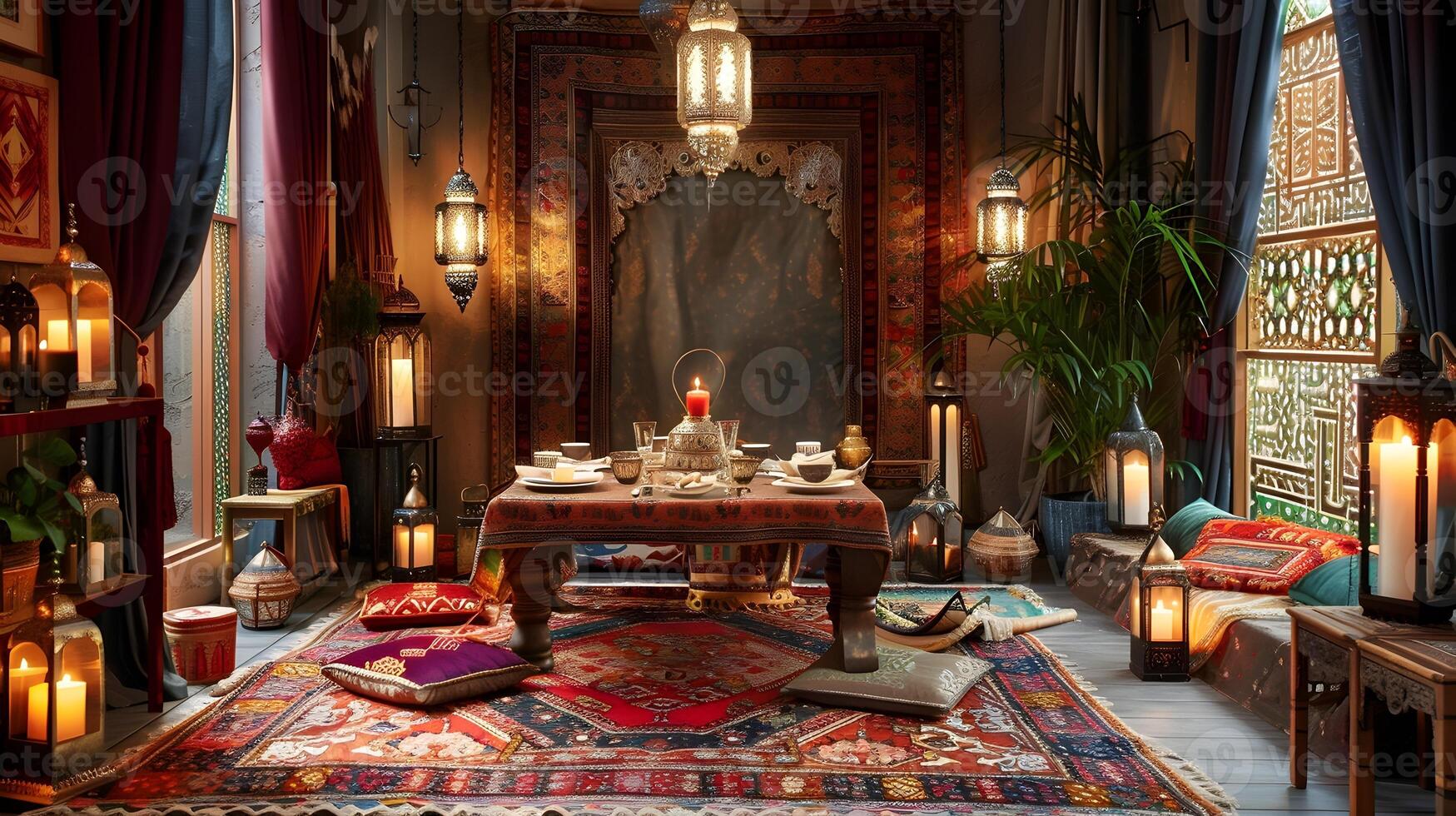 Intricately Decorated Exotic Moroccan-Inspired Living Room with Ornate Furnishings, Warm Lighting, and Lush Textiles photo