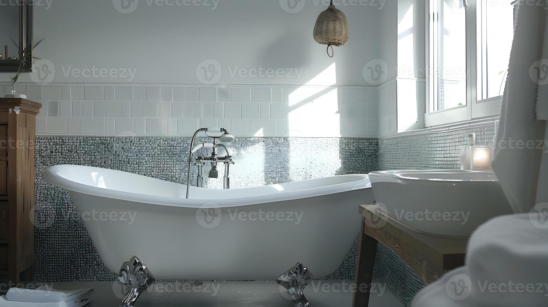 Elegant Claw-Foot Bathtub in Serene Mosaic-Tiled Bathroom with Vintage Decor and Natural Lighting photo