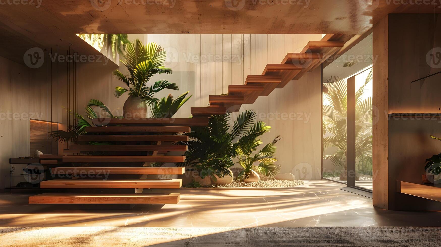 Lush Tropical Oasis Within Elegant Modern Home Interiors with Wooden Staircase and Expansive Windows Overlooking Verdant Greenery photo