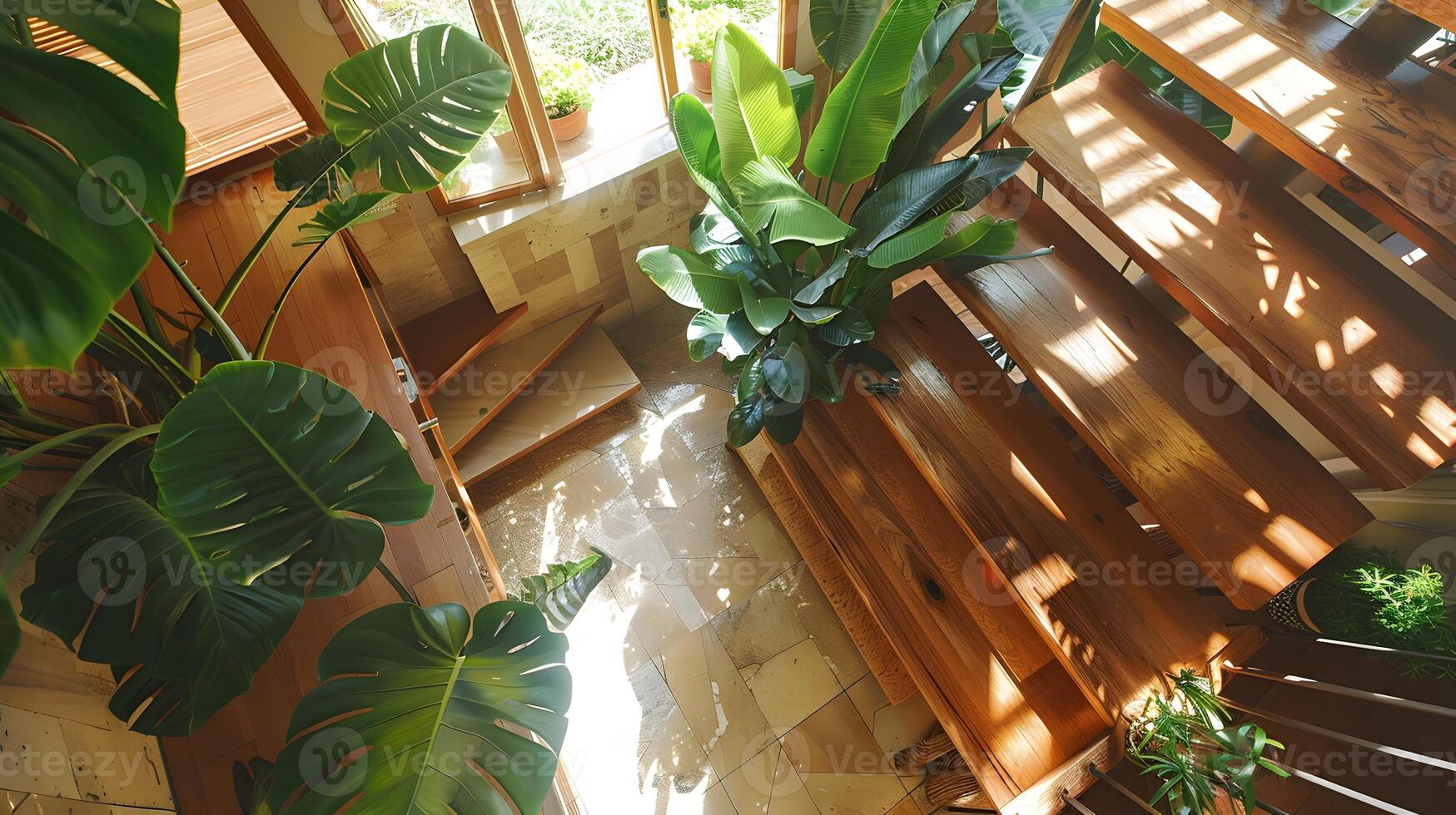 Lush Indoor Oasis in Sunlit Wooden Retreat with Tropical Greenery and Peaceful Ambiance photo