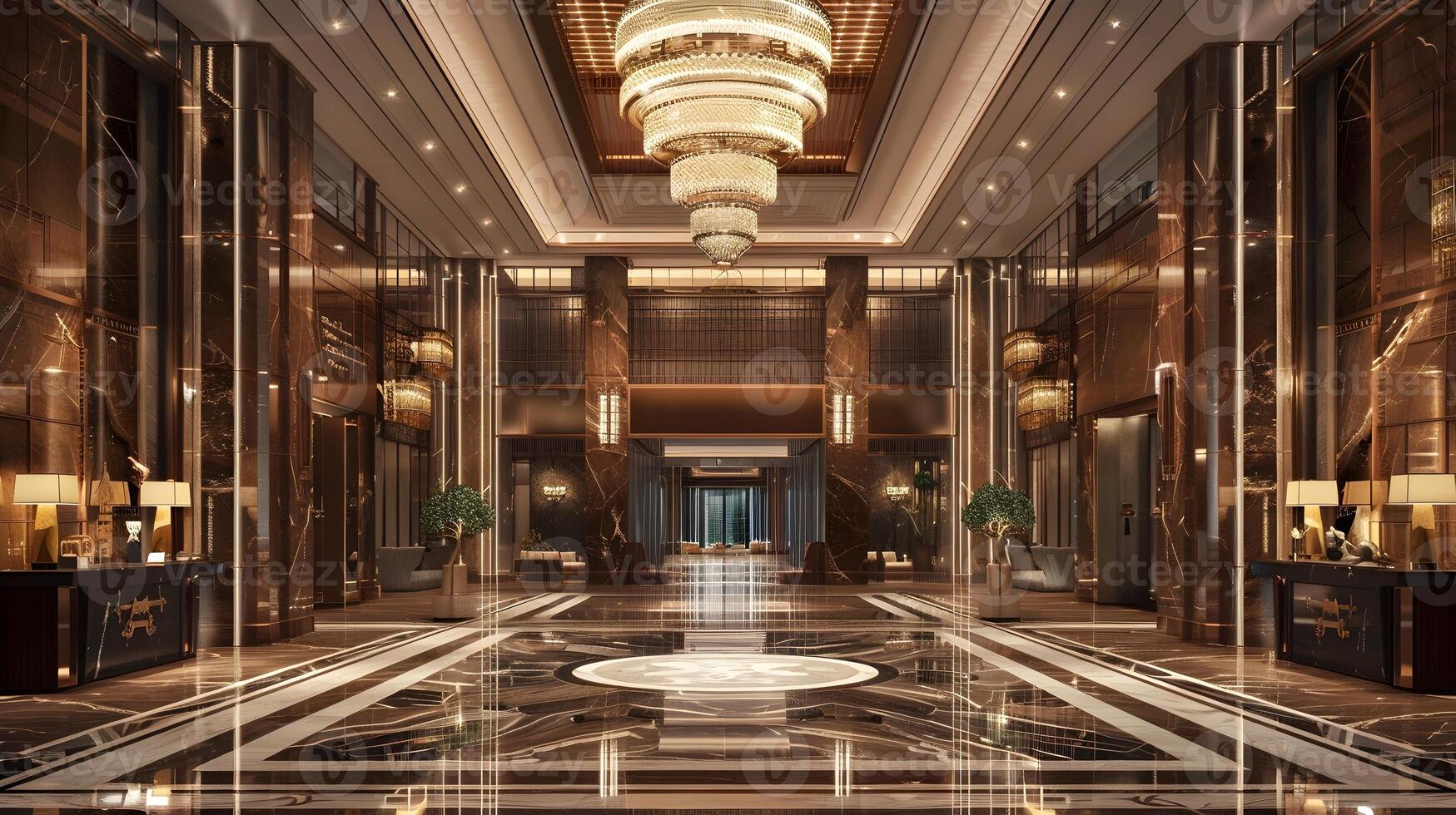 Magnificent Marble Lobby of an Extravagant Luxury Hotel with Ornate Chandeliers and Elegant Decor photo