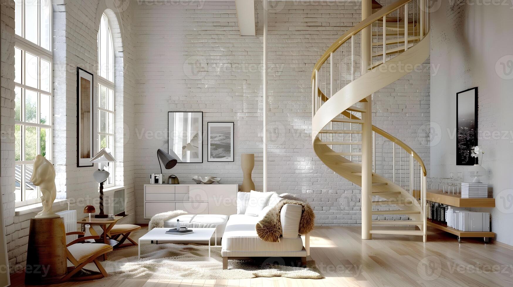 Elegant and Inviting Loft-Style Living Room with Spiral Staircase and Abundant Natural Light photo