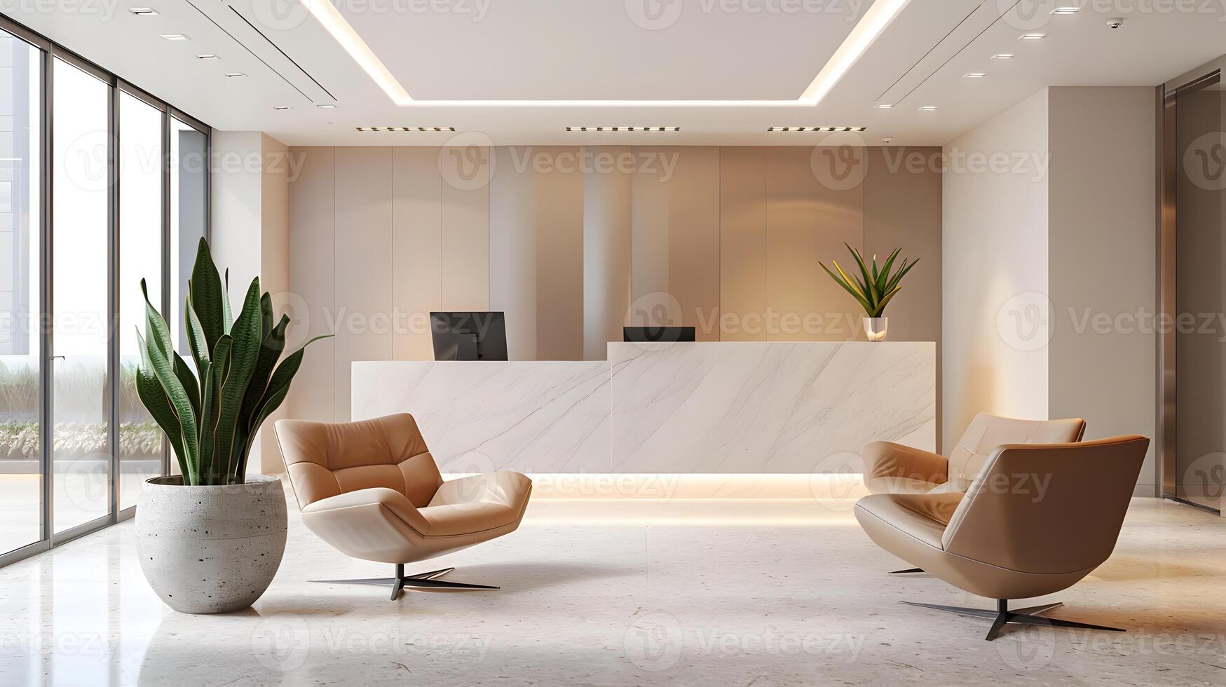Elegant and Sophisticated Modern Office Lobby with Stylish Furniture and Decor photo