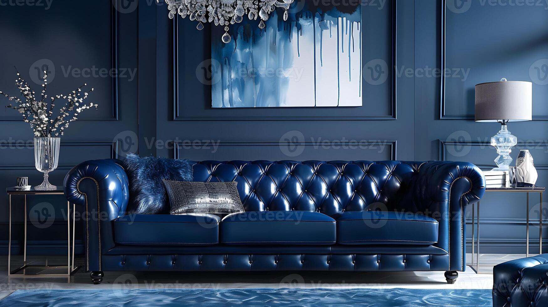 lujoso azul terciopelo sofá sofá en elegante moderno vivo habitación con candelabro y obra de arte foto