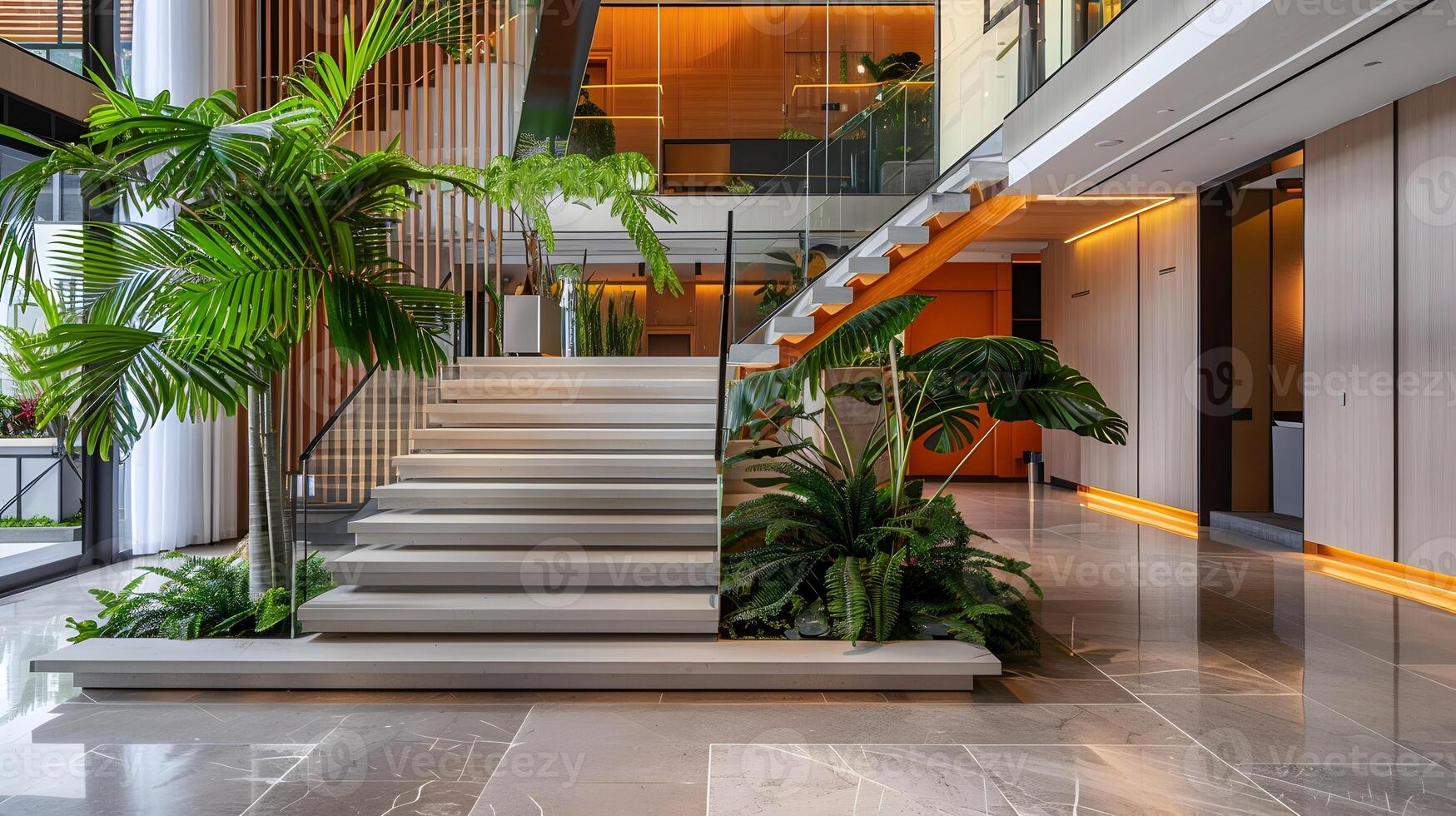 Elegant and Modern Corporate Lobby with Lush Greenery and Sleek Design Elements photo