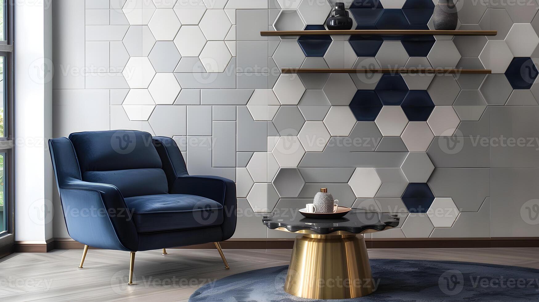 Elegant and Harmonious Modern Minimalist Living Room with Geometric Tile Wall and Luxurious Brass Accents photo