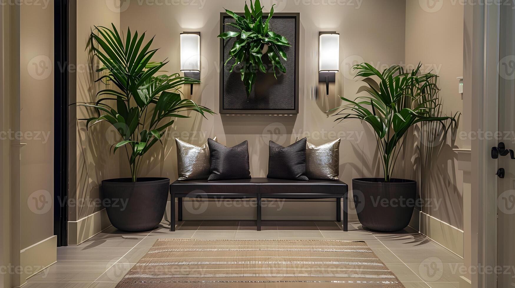 Elegant and Inviting Modern Interior with Lush Tropical Greenery in Entryway or Lobby photo
