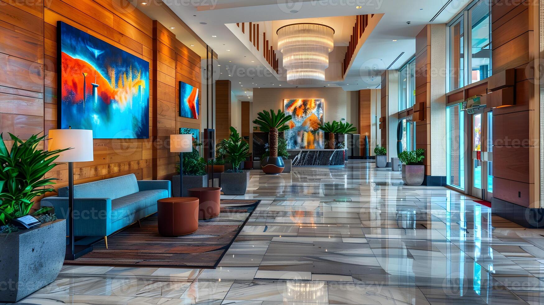 Luxurious and Visually Captivating Hotel Lobby Showcasing Cutting-Edge Design, Elegant Furnishings, and a Welcoming Atmosphere photo