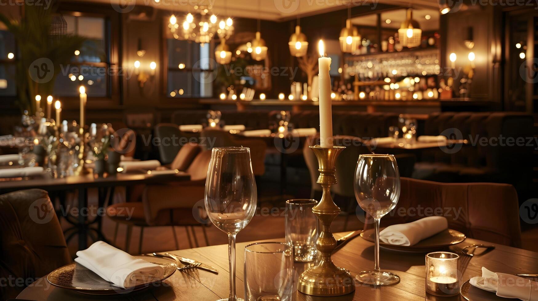 Cozy and Refined Upscale Restaurant Interior with Dimly Lit Ambiance and Elegant Table Setting photo