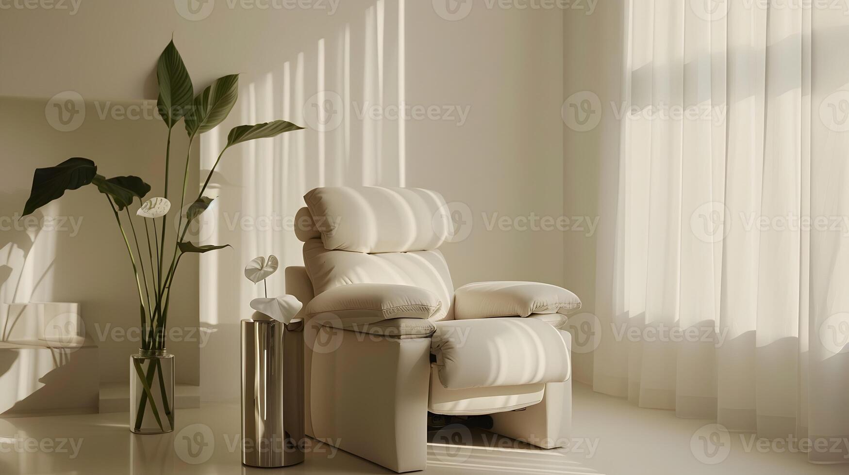 Cozy and Serene Living Room Oasis with Plush Armchair and Peaceful Ambiance photo