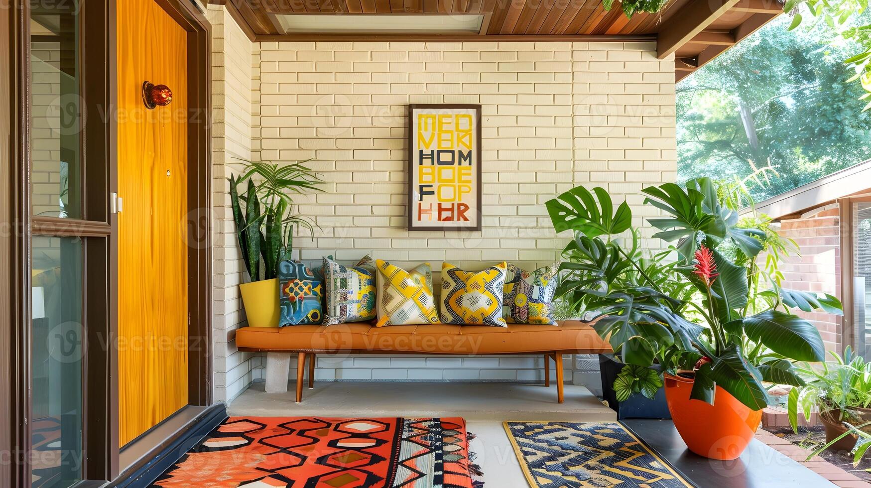 Cozy and Stylish Midcentury Modern Home Interior with Tropical Accents and Vibrant Decor Elements in a Sunlit Living Room photo