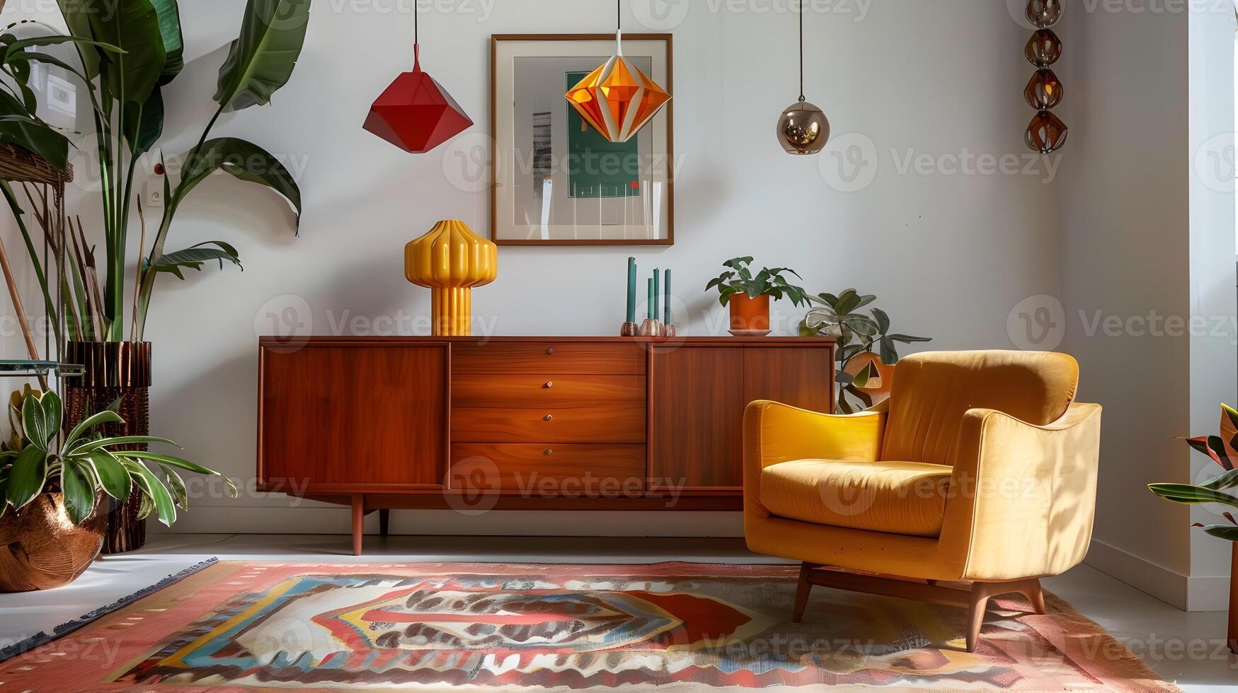 acogedor medio siglo estilo vivo habitación con vibrante color acentos y Clásico mueble decoración foto