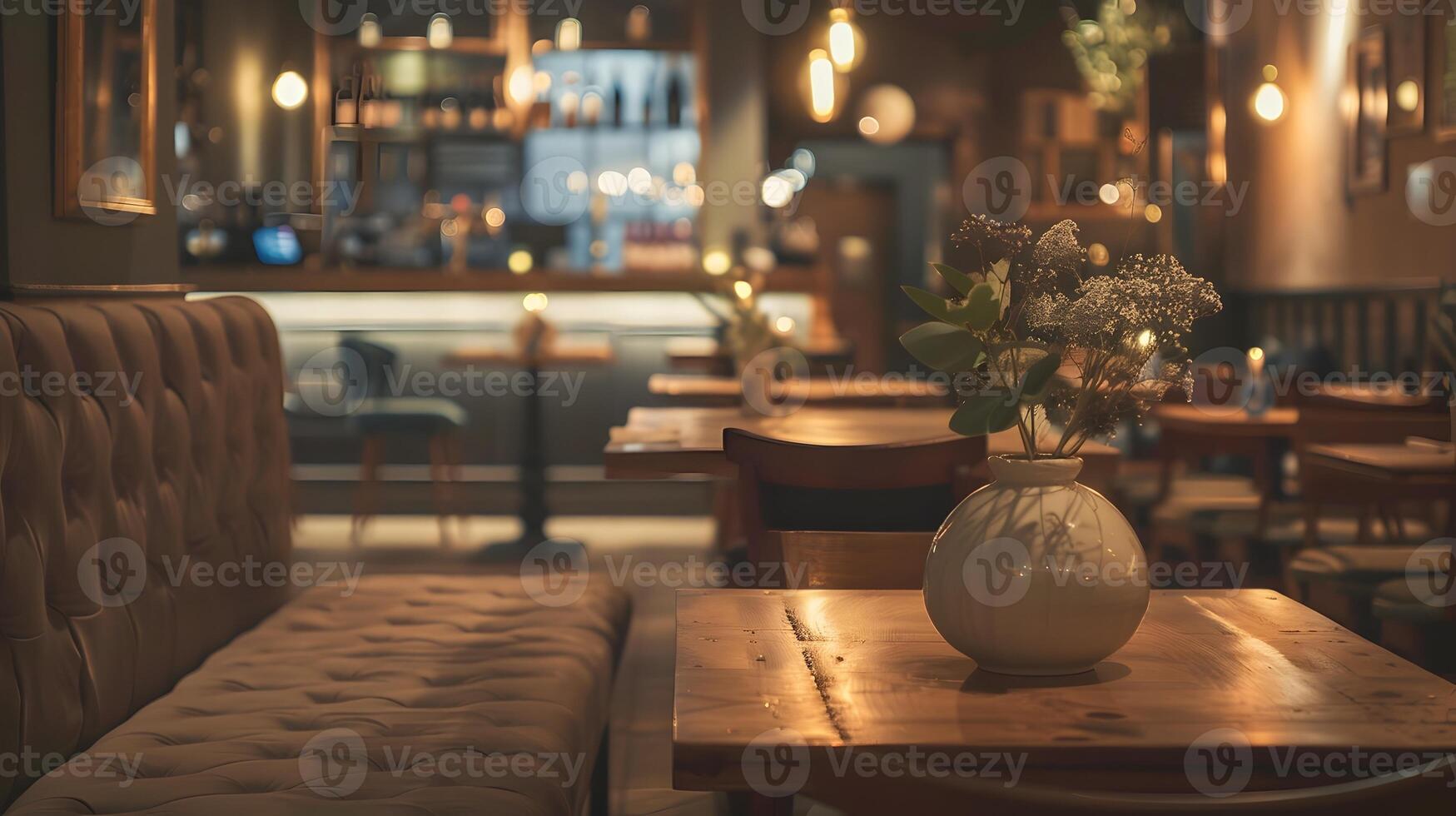 acogedor y atractivo café interior con de madera mesas, felpa asientos, y calentar Encendiendo para relajado comida o social reunión foto