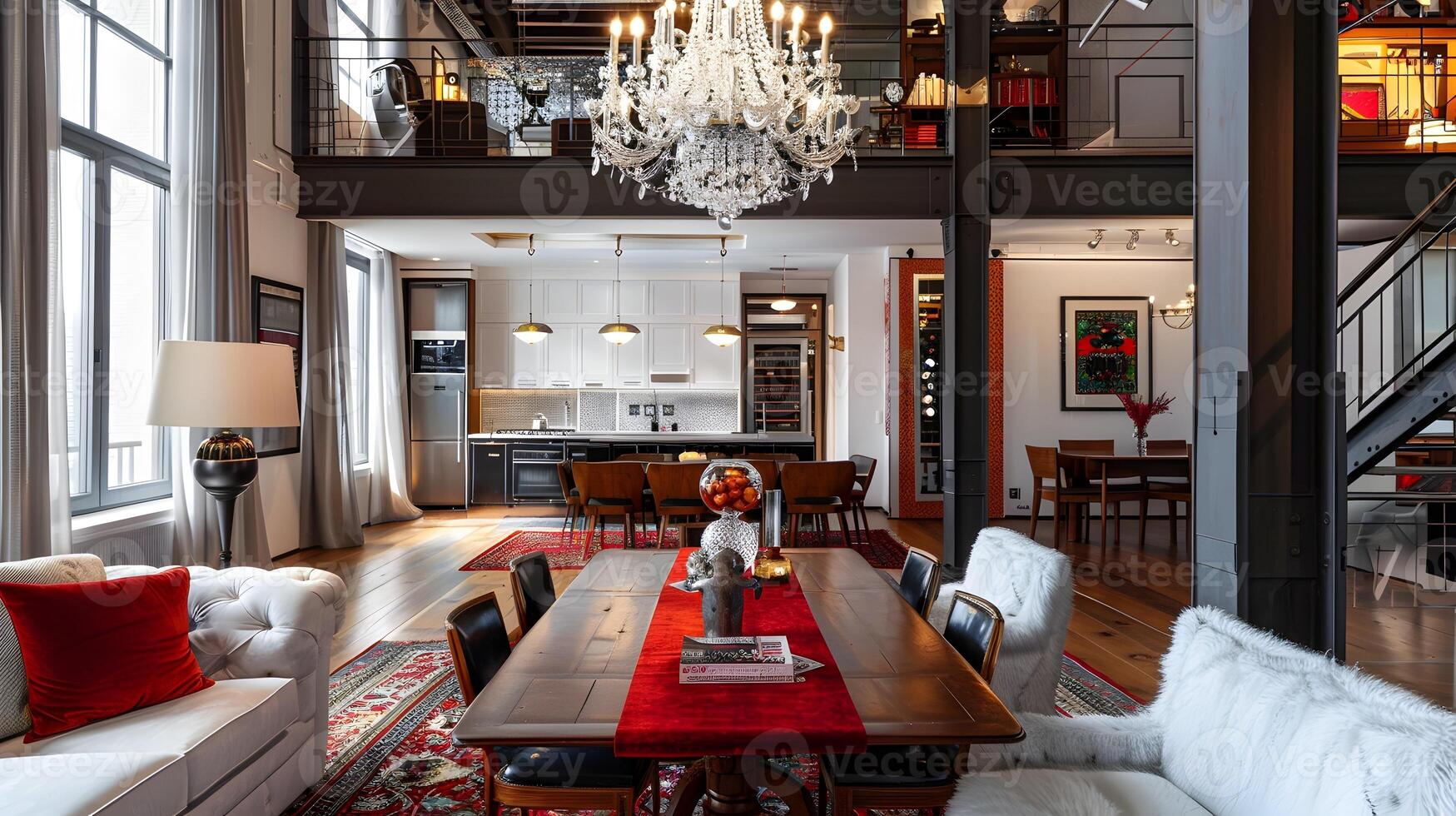 Luxurious and Inviting Open-Concept Living Space with Rustic Touches and Refined Elegance photo