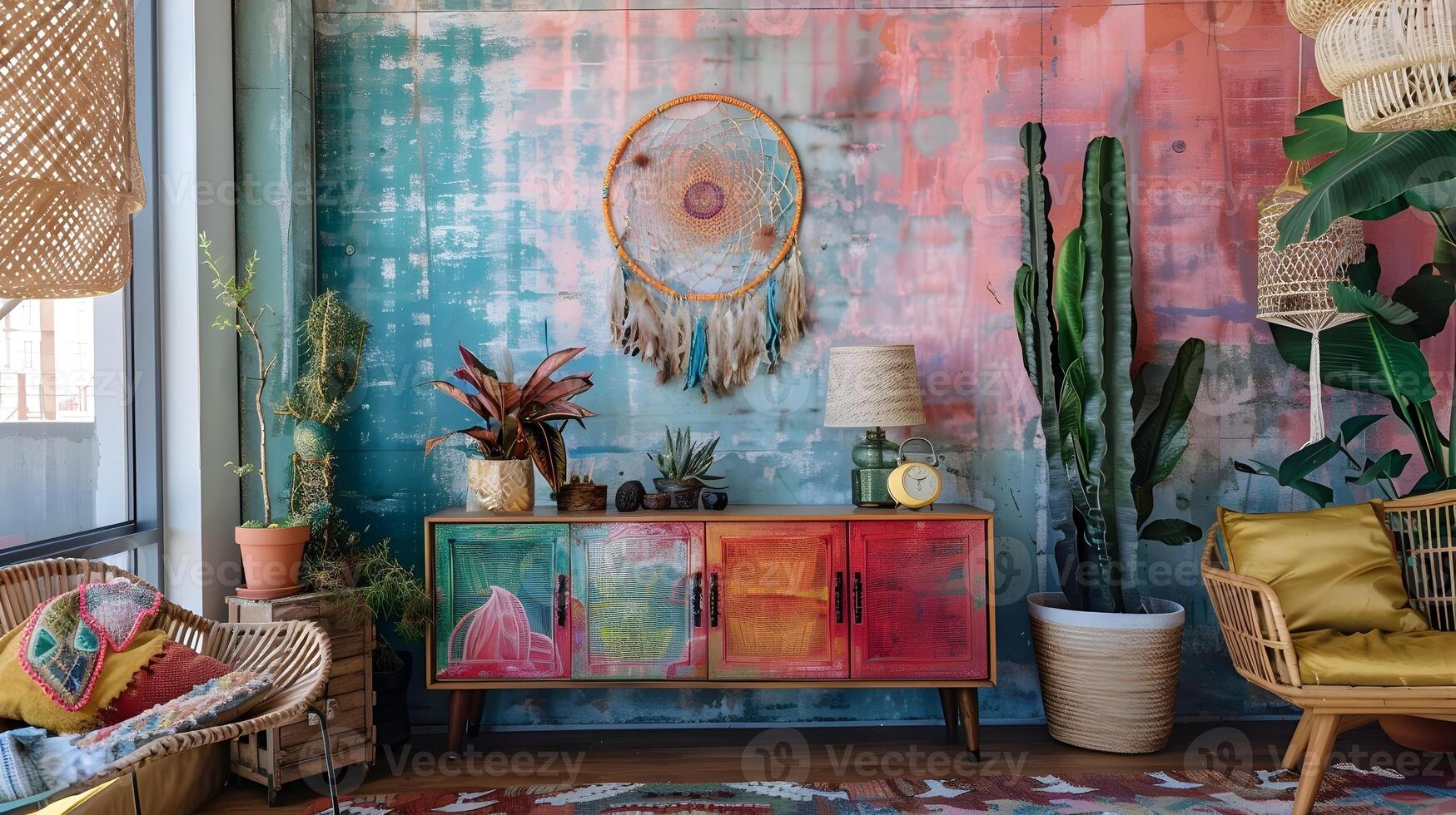 Vibrant Bohemian-Inspired Living Space with Eclectic Furnishings and Natural Accents photo