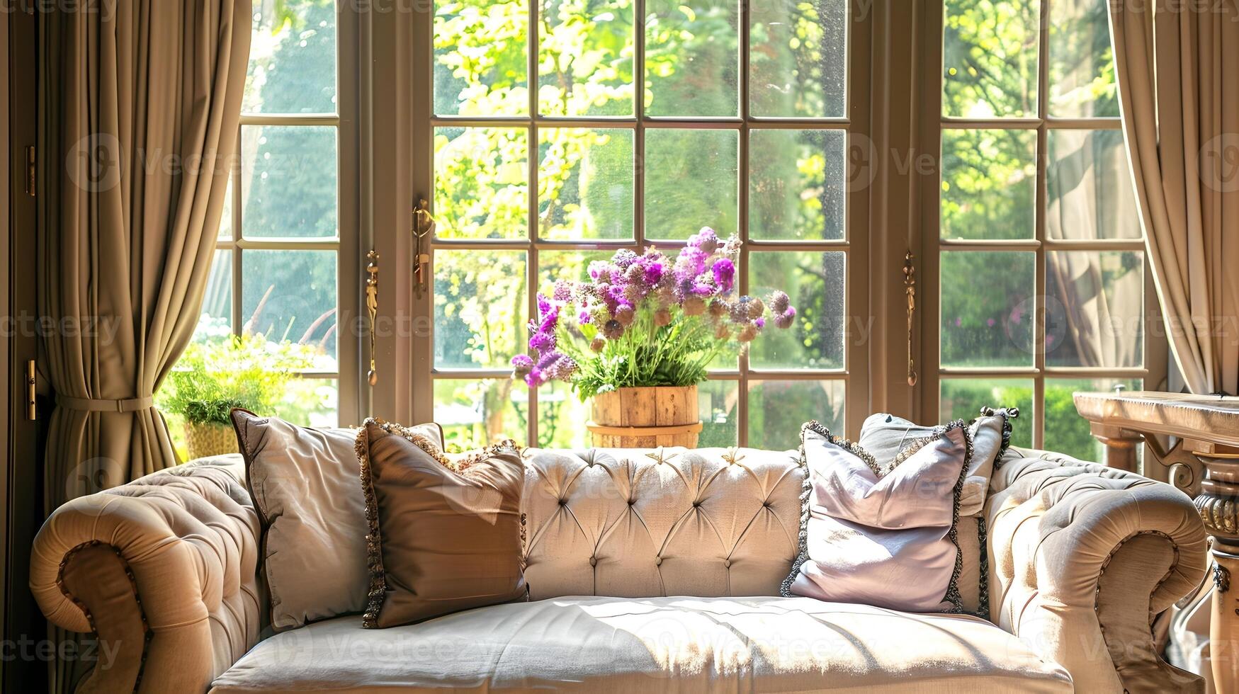 Cozy and Elegant Living Room with Scenic Garden View through Large Window photo