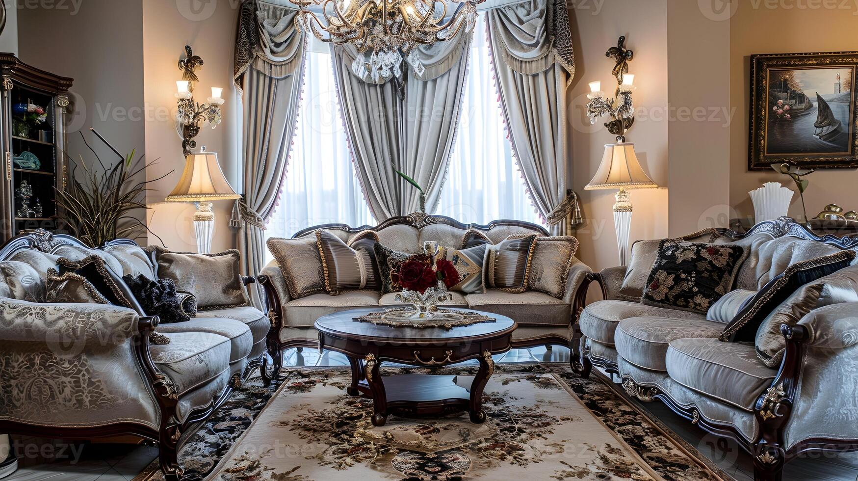 Ornate and Lavish Living Room with Elegant Furnishings and Opulent Decor photo