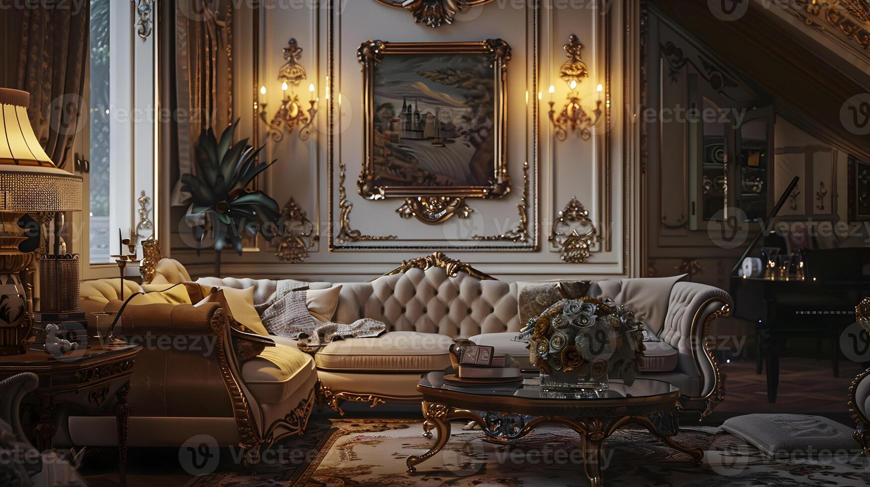 Ornately Decorated Luxurious Mansion Interior with Antique Furnishings and Elegant Decor photo