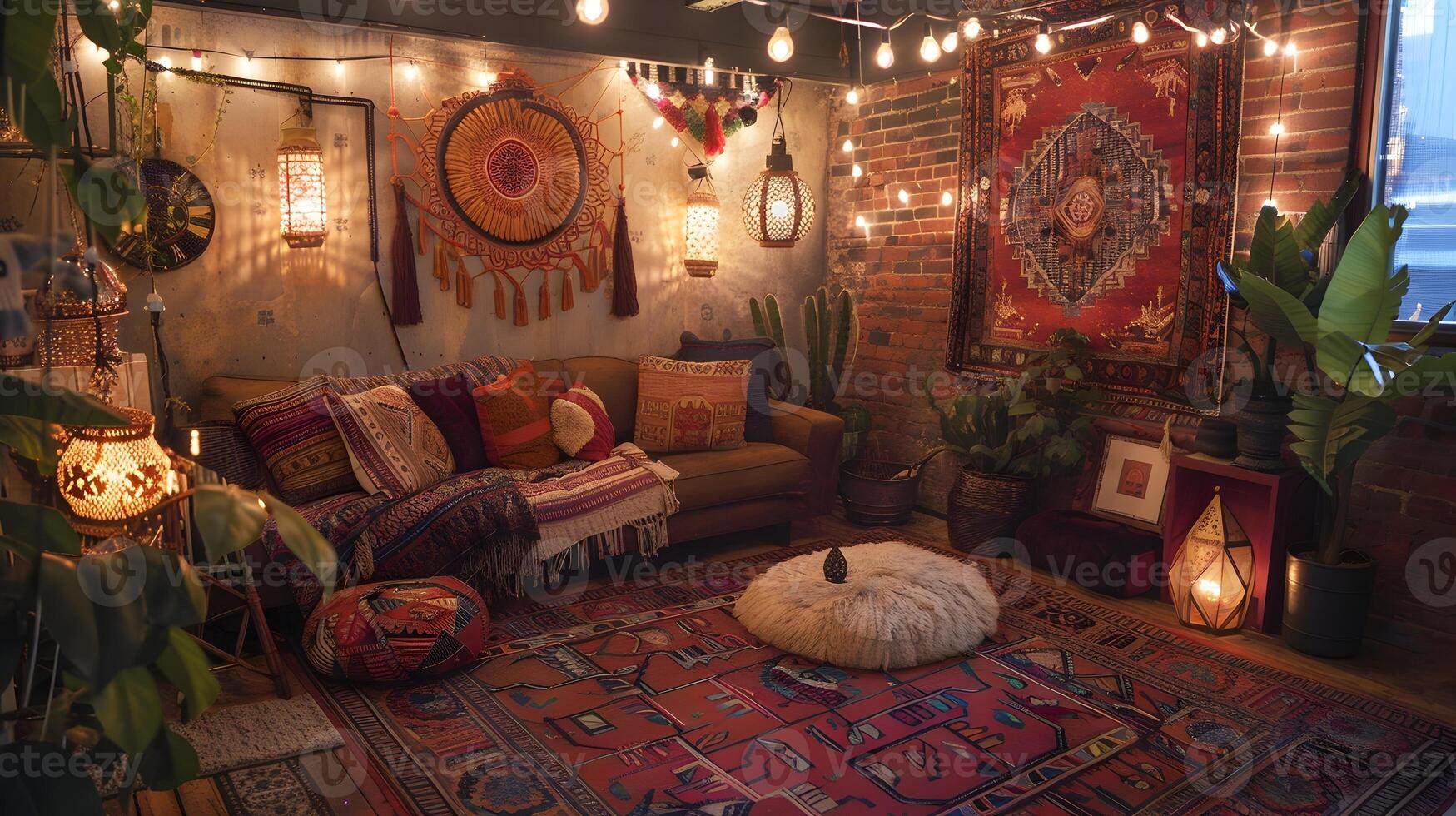 Cozy Bohemian-Inspired Living Room with Vibrant Decor and Atmospheric Lighting photo