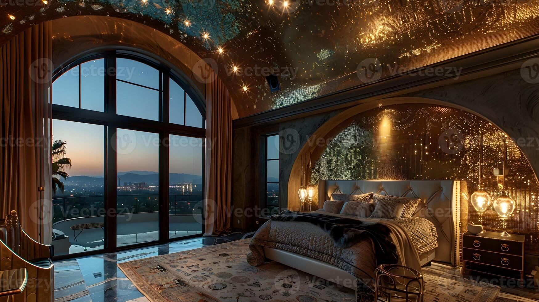 Opulent Bedroom Retreat with Panoramic City Skyline View at Dusk photo