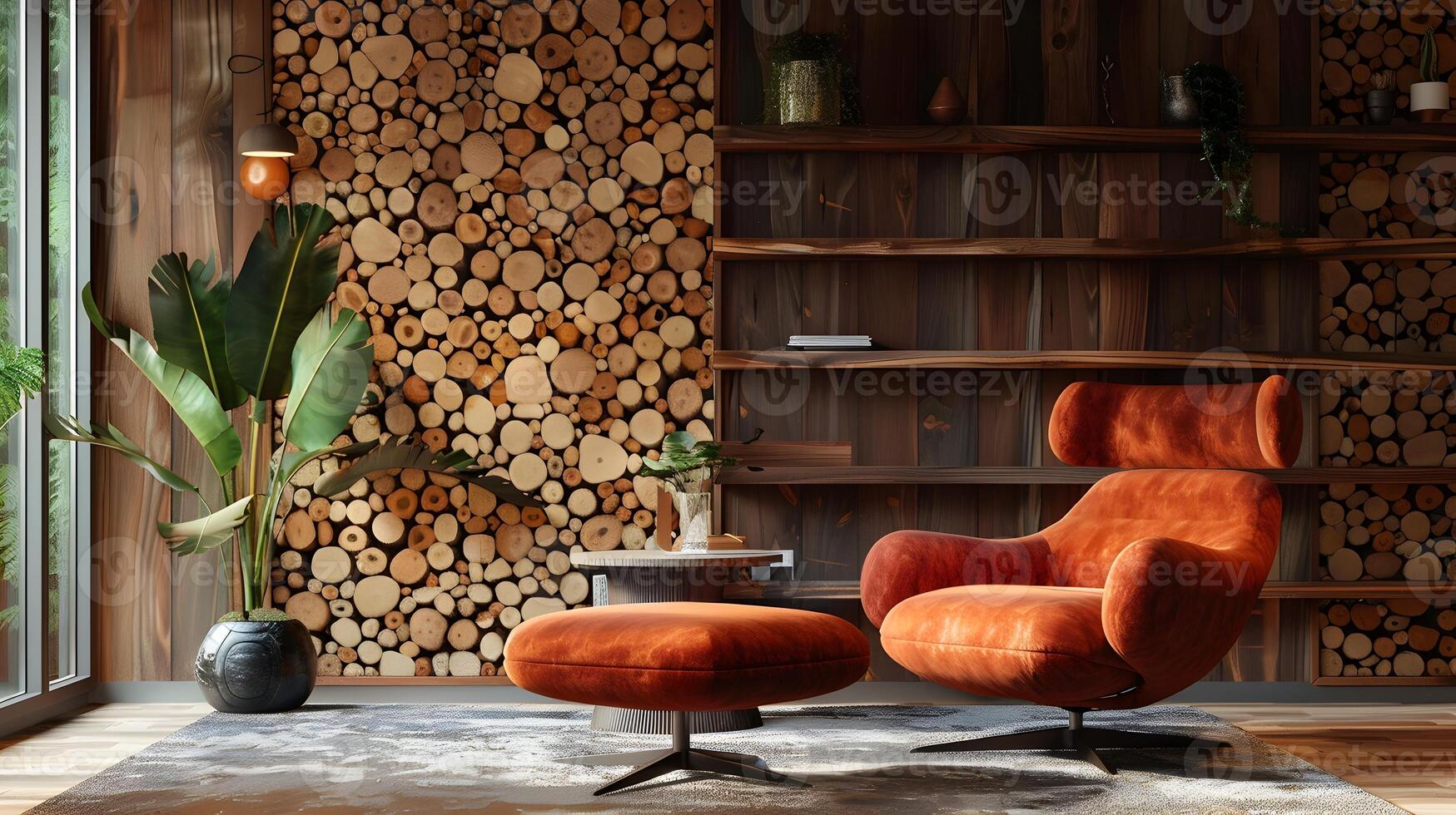 Cozy and Rustic Wooden Armchair and Shelves Providing a Warm and Inviting Atmosphere in a Stylish Living Room photo