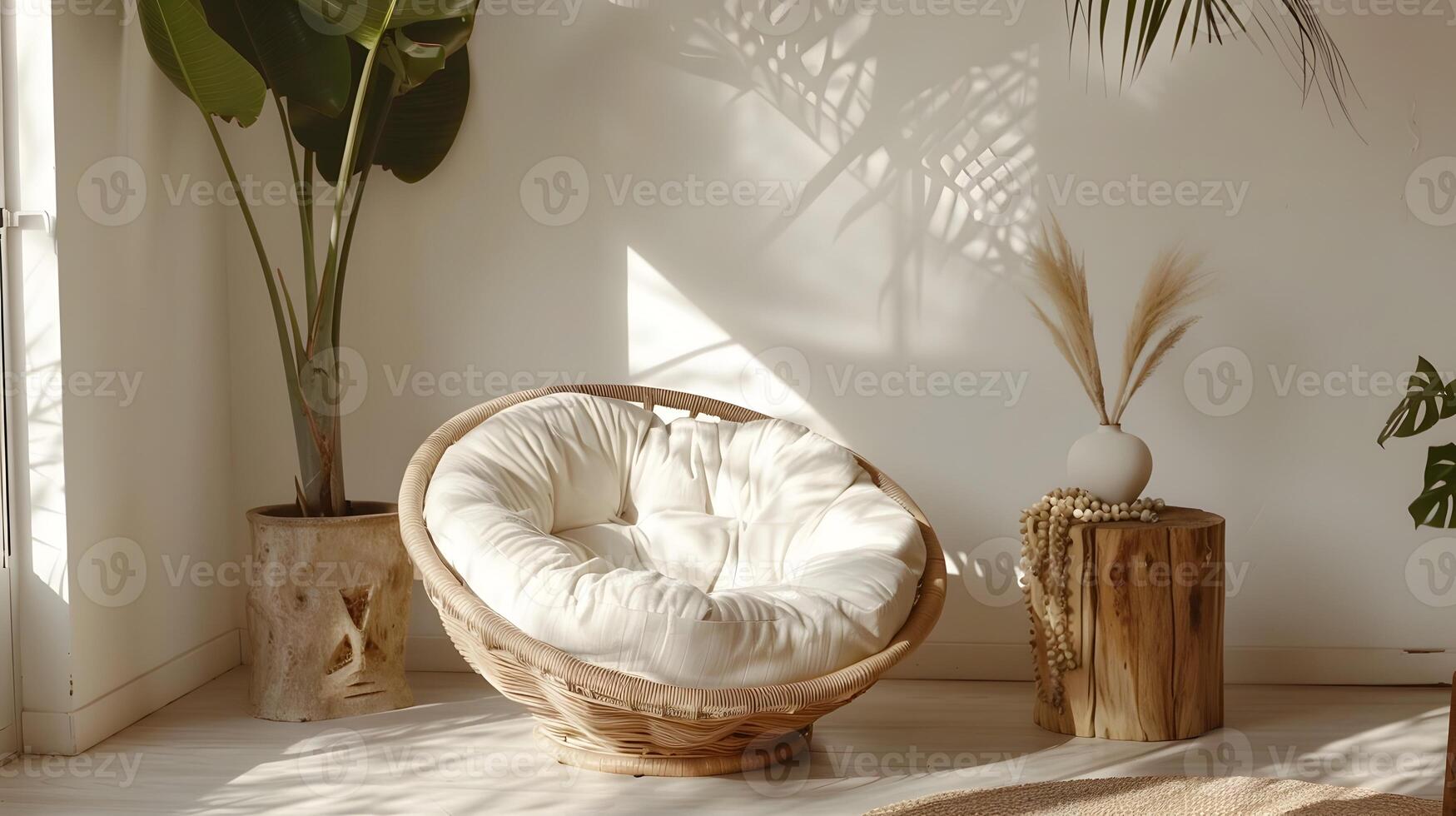 Cozy and Serene Boho-Inspired Indoor Nook with Natural Textures and Soft Lighting photo