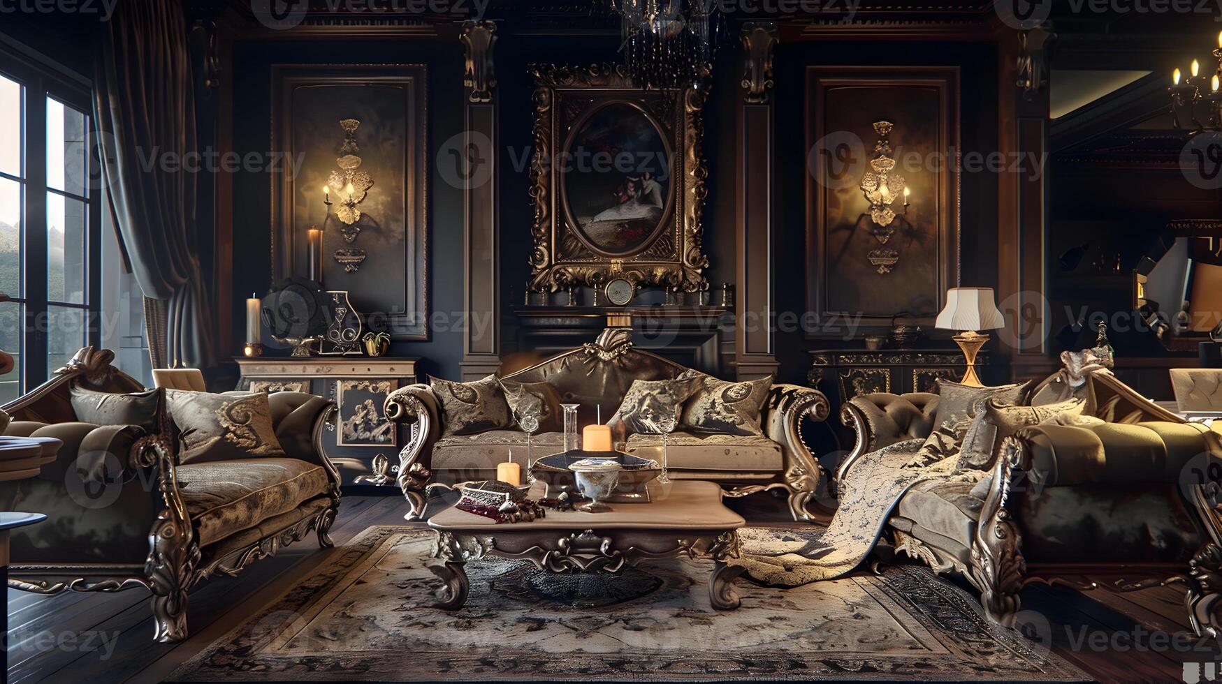 Lavish Baroque Mansion Interior with Ornate Furnishings and Decor photo
