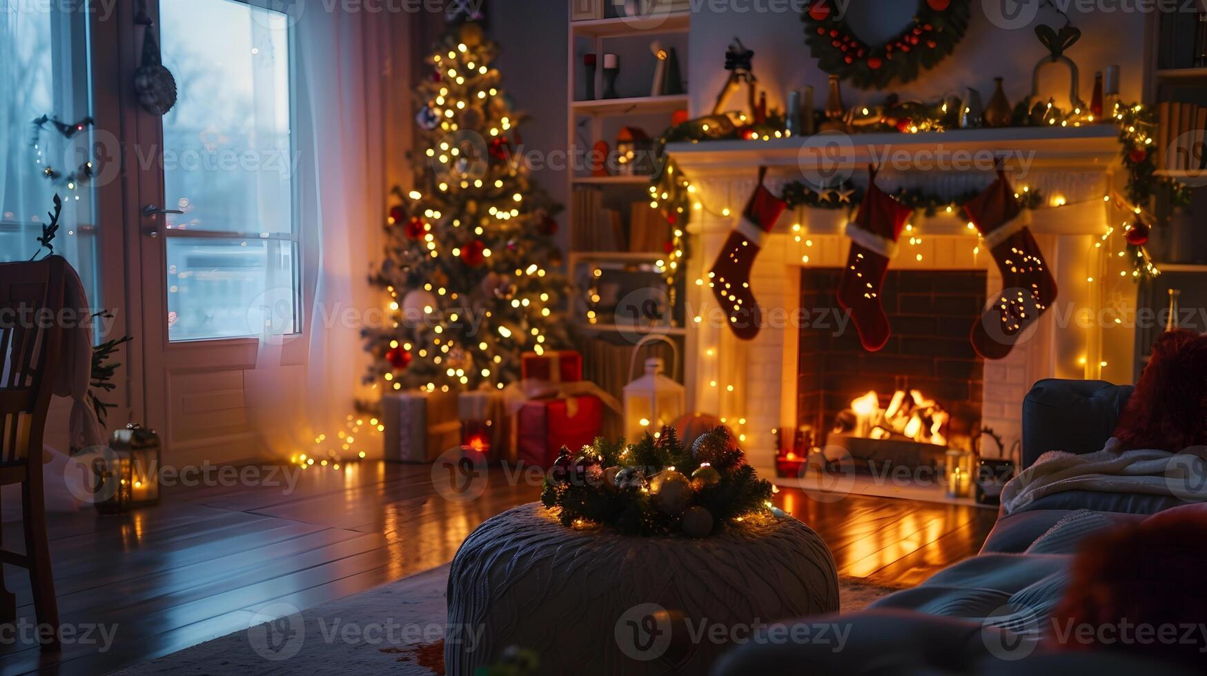 Cozy and Festive Christmas Living Room with Twinkling Lights, Fireplace, and Decorated Tree photo