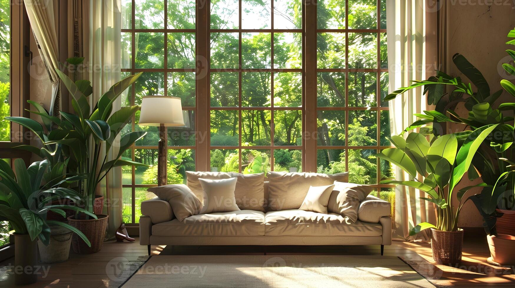 Bright and Serene Living Room Overlooking Lush Green Garden Landscape Through Large Floor-to-Ceiling Windows photo