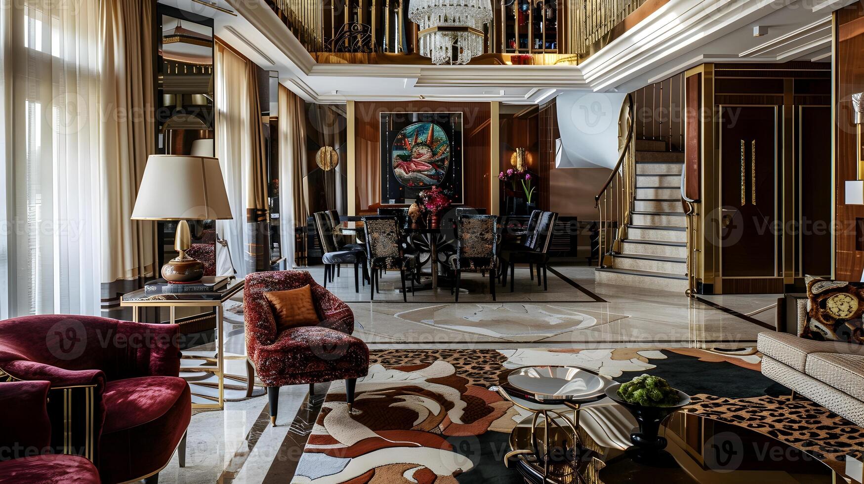 Exquisitely Designed Lavish Mansion Entrance and Living Room with Ornate Furnishings and Artworks photo