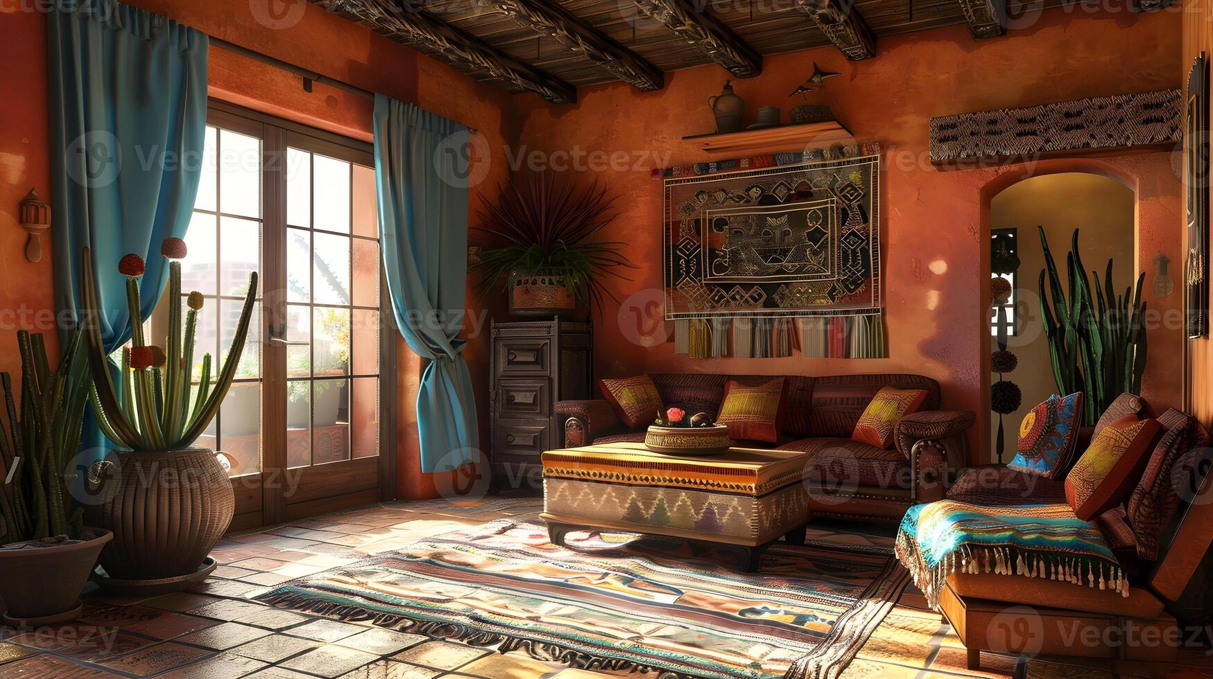 Cozy and Vibrant Southwestern-Inspired Living Space with Rustic Decor and Warm Earthy Tones photo