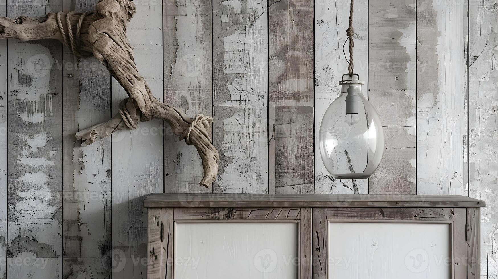 Weathered Wooden Shelves and Ambient Lighting in a Rustic Industrial Setting photo