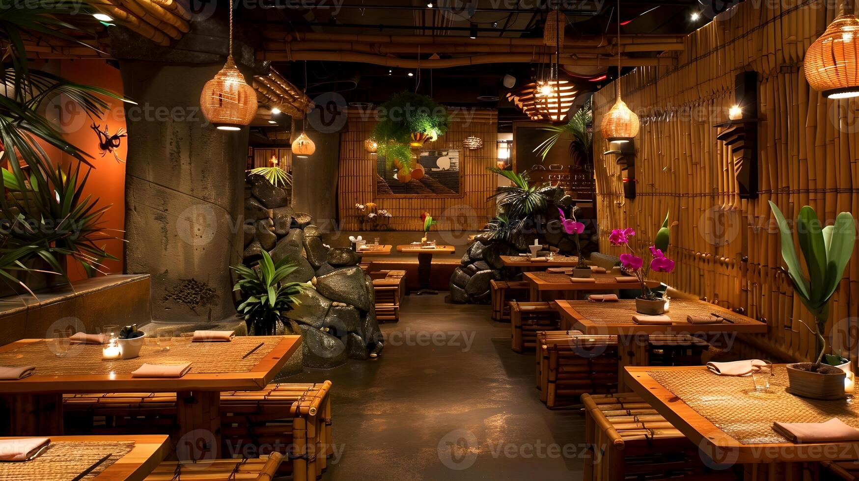 Cozy and Inviting Southeast Asian-Inspired Restaurant Interior with Rustic Wooden Furnishings and Tropical Accents photo