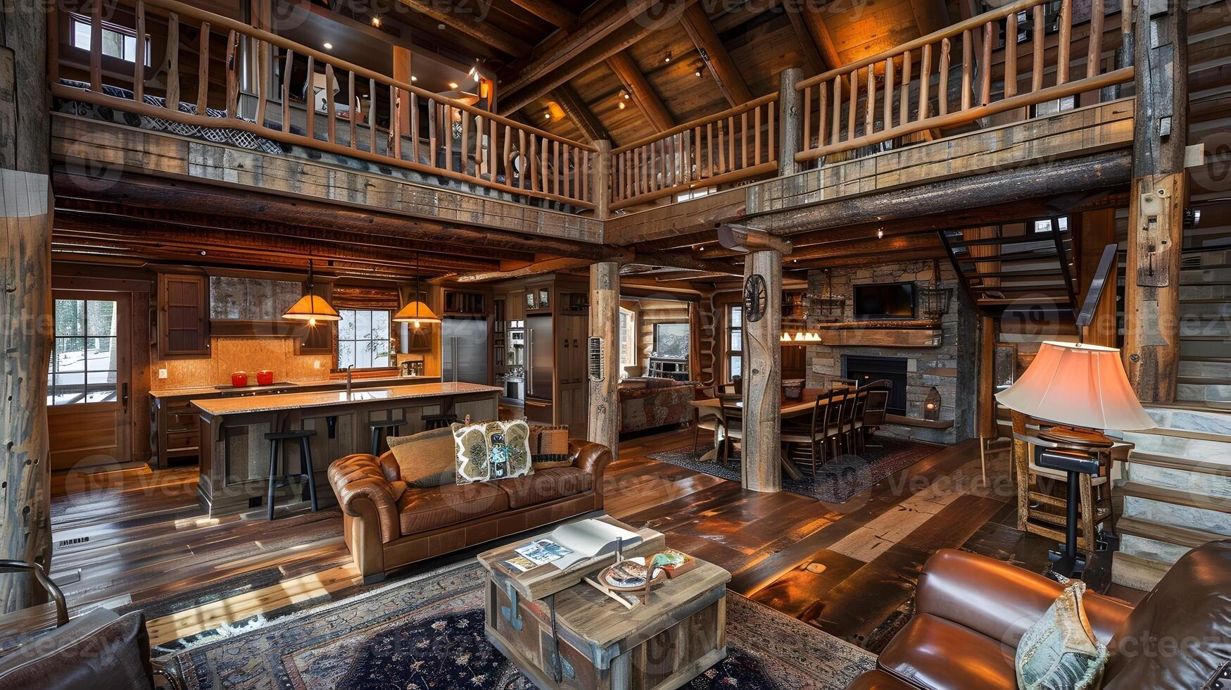 Cozy Rustic Cabin Interior with Fireplace and Wooden Furnishings, Offering a Warm and Inviting Atmosphere for Countryside Getaways photo