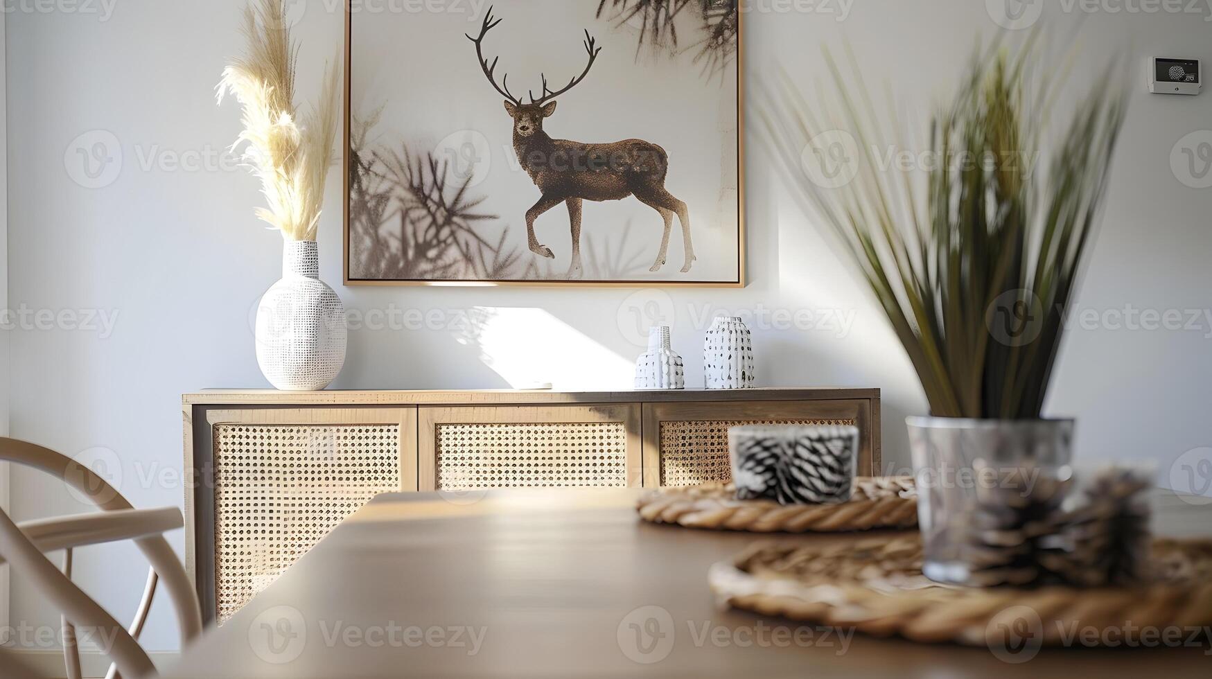Cozy Rustic Dining Room Arrangement with Framed Deer Artwork and Natural Decor Elements photo