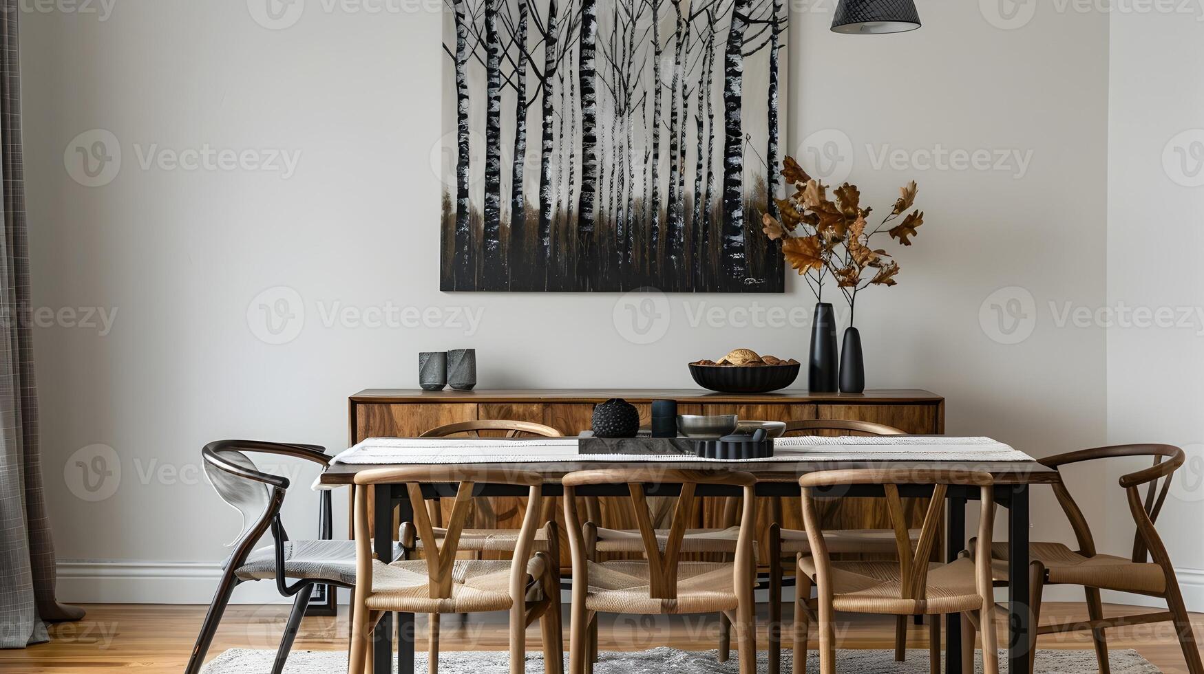 Cozy and Inviting Dining Room with Rustic Wooden Furniture and Contemporary Decor Elements photo